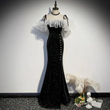 Nukty Sparkling Black Satin Mermaid Evening Dress with Spaghetti Strap Organza Ruffled Slim Fitting Sexy Leg Split Prom Gown