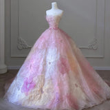 Nukty Pink 3D Applique Flower Formal Dress Elegant Strapless Slim Red Carpet Dresses Luxurious Trailing Ball Gown Engagement Vestido