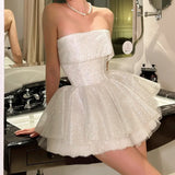 Nukty Off Shoulder A-Line Shiny Backless Sleeveless Mini Dress Sexy Y2K Fashion Spring Prom Party Evening New Women Vestidos
