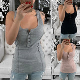 Nukty Plus Size Fashion Womens Round Neck Sleeveless Camisole Button Solid Color Vest Blouse Easy Tops  New Fashion Simple Women'S Top
