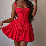 Nukty Sweet Backless Fashion Solid Lace Hem Suspender Mini Dress Y2K Bodycon Elegant Dresses Pretty Women Party Vestidos
