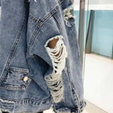 Nukty Fashion Blue Ripped Denim Jacket Y2K Distressed Streetwear Hip Hop Broken Hole Jeans Biker Jackets Men's Spring Jackets