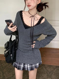 Nukty DRESS TO IMPRESS Autumn Knit Vintage Elegant 3 Piece Sets Women Aesthetic Elegant V-neck Sweater + Lace Casual Vest + Plaid Chic Skirt New