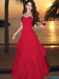 Nukty Elegant Spaghetti Strap Sleeveless Ruffles Dresses Waist Cinched Gown Coastal Outfit Women's French Lace Halter Neck Long Dress