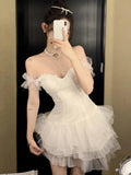 Nukty French Elegant White Mini Women's Cake Dresses Slash-Neck Strapless Mesh Sexy Dress Prom Female Clothes New Spring Summer 2025