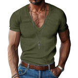 Nukty Men's Corduroy T European and American Summer Men's Clothing V-neck Solid Color Slim Fit Casual T-shirt Short Sleeved Top