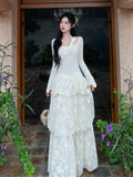 Nukty Elegant Fairy Womens Dresses Knitted Patchwork Flare Sleeves Princess Cake Long Dress Autumn Party Prom A-Line Vestidos Robe New