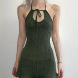 Nukty Elegant Y2K Sleeveless Mini Dress Sexy Knit Backless Halter Dresses Autumn Fashion Drawstring Streetwear Slip Dress