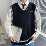 Nukty Autumn Knitted Sweater Vest Men Teens Lazy Striped Harajuku V-neck Preppy Style All-match Streetwear Couples Knitwear Fashion