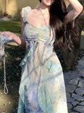 Nukty Summer Ruffles Print  Irregularity Long Dresses Elegant V-Neck Birthday Party Waistband Vestidos Holiday Beach Midi Dress New