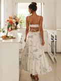 Nukty White Graffiti Print Sweet Sexy Hollow Out V Neck Tassel Sleeveless Evening Dress Women Summer Backless Maxi Dresses A2779