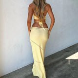 Nukty Chic Women's Sleeveless Knit Long Dress Summer Spring Solid Color Halter Front Cutout Back Tie-Up Slim Maxi Dress Party