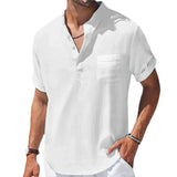 Nukty New Men's Short Sleeve Breathable T-shirts Summer Solid Color Basic Pocket Shirts for Men Oversized Half Button Linen Streetwear