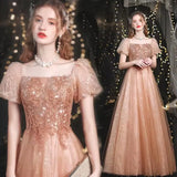 Nukty Elegant Party Dress Square Collar Short Sleeve Slim Banquet Dresses Women Sexy Backless Evening Dress Gold Puffed Sleeve
