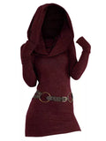 Nukty Daily Fashion Slim Hooded Cowl Neck Long Knit Top Thumb Hole Full Sleeve Belted Long Knitted Tees For Women