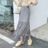Nukty French Chic Tassel Long Skirts for Women A-line High Waist Female Faldas Ajustadas Ladies Autumn Fashion Maxi Skirt