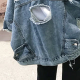 Nukty Fashion Blue Ripped Denim Jacket Y2K Distressed Streetwear Hip Hop Broken Hole Jeans Biker Jackets Men's Spring Jackets