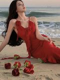 Nukty Women French Style Elegant Vintage Red Ruffles Party Dresses Slim A-Line V-Neck Wedding Evening Dress Spring Summer New