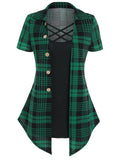 Nukty Crisscross Plaid Print Mock Button Casual Faux Twinset T Shirt Combo Women 2 in 1 Tee Twofer Summer High Waist Fashion T-Shirts