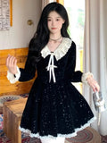 Nukty Elegant Lace Patchwork Velvet Dress Women French Style V-Neck Long Sleeve Slim A-Line Party Robe Vintage Evening Prom Vestidos
