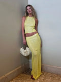 Nukty Sexy Transparent Sleeveless Shiny Camisole Tank Top Long Dress Two Piece Set 2025 Fashion Elastic Waist Wrap Hip Knitted Set K68