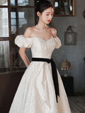 Nukty DRESS TO IMPRESS White Satin Jacquard Evening Dress French Off Shoulder Quinceanera Dresses Elegant Slim  Lace Up Bow Wedding  Party Gown