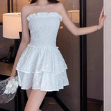 White Lace Strapless Mini Dress Sweet Sexy Backless Girdle Waist Ruffle Casual Slim Dresses Party Vacation Short Dress