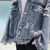 Nukty Fashion Blue Ripped Denim Jacket Y2K Distressed Streetwear Hip Hop Broken Hole Jeans Biker Jackets Men's Spring Jackets