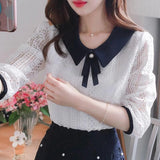 Nukty Women's Spring Autumn Style Lace Blouses Shirt Women Peter Pan Collar Solid Color Half Sleeve Elegant Lace Tops SP8676