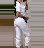 Nukty Women's Casual Short Sleeve Pocket Design Cuffed Cargo Jumpsuit Summer New Female Clothes Fashion Drawstring Jumpsuits