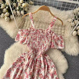 Nukty Romantic Floral Print Long Summer Dress Women Fashion Off Shoulders Straps Vacation Beach Dress Korean Party Vestidos