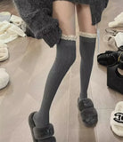 Nukty Socks Woman Autumn/Winter Solid Color Thigh High Lace Cute Lolita Thick Warm Stockings Black White Long Leg Socks for Women