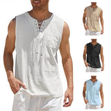 Nukty Men Summer Tank Top Sleeveless T-Shirt Lace-up Design Solid Color Shirt Loose Fit Vest Daily Vest Men Clothing