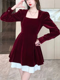 Nukty Korean Velvet Mini Dress Elegant Long Sleeve Square Collar Patchwork A-Line Birthday Party Vestidos High Waist Female Dresses
