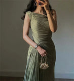Nukty beautiful Elegant Green Long Evening Dresses One Shoulder Pleats Prom Gowns Celebrity Dresses Satin Formal Occasion P
