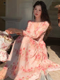 Nukty French Elegant Romantic Print Long Ruffles Dress Office Lady Slim Wasit Pleated V-Neck Robe Korean 2025 Spring Summer Vestidos