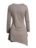 Nukty Autumn New Womens Tops Asymmetric Hem Cowl Neck Heathered T-shirt Mock Button Long Sleeve Casual Tee Womens Fashion