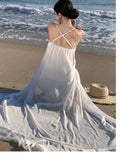 Nukty Summer Irregular Fairy White Womens Dresses Elegant Spaghetti Strap V-Neck Birthday Party Dress Holiday Beach Vestidos Robe New