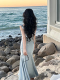 Nukty Vintage Elegant Satin Strap Midi Dress Women 2024 Summer Casual Even Party Dress Pure Color Korean Fashion One Piece Dress Chic