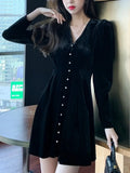 Nukty Elegant Solid Velvet Dresses for Women V-neck Long Sleeve A-line French Mini Dress Party Evening Autumn Casual Vestidos Mujer