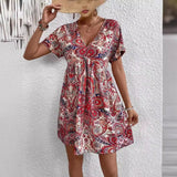 Nukty 2024 Summer New Women Ethnic Graphic Print Dress Beach Bohemian Sundress V Neck Short Sleeve Dress Holiday Dresses Vestidos