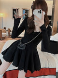 Nukty Y2K Knitted Dresses for Women Autumn Square Collar Long Sleeves Slim Birthday Party Mini Dress Female Pleated A-Line Vestidos
