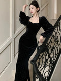 Nukty Elegant Velvet Black Mermaid Dress for Women Autumn Vintage Slim Solid Lantern Sleeve Dresses Fashion Evening Party Female Robe