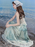 Nukty Summer Sweet Ruffles Fairy Skirt Suits Elegant Lace Patchwork Sleeveless Top Casual Long Skirt Womens Two Pieces Set New Outfits