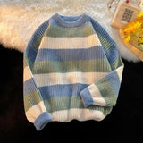 Nukty Comfortable Men Sweater Men's Striped Colorblock Knitted Sweater Thick Warm O Neck Pullover for Fall Winter Soft Long Sleeve