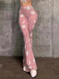 Nukty Fashion Printed Pink Flare Pants Summer Y2k Women Pants Sexy Slim Aesthetic Clothing Hottie Streetwear Causal Pantalones Mujer