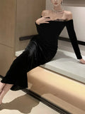 Nukty Sexy Bodycon Long Dresses for Women Autumn Evening Party Prom Robe Wedding Velvet Dress Lace Patchwork Slash Neck Slim Vestidos