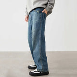 Nukty Men Loose Casual Straight Leg Jeans Male New Fashion High Street Vintage Straight Wide Leg Resistant Blue Denim Pants