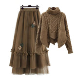 Nukty Winter Warm Two Pieces Sets For Women Outfits Turtleneck Pullover Knitted Twist Sweater+ruffles Patchwork Mesh Skirts Set