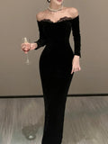 Nukty Sexy Bodycon Long Dresses for Women Autumn Evening Party Prom Robe Wedding Velvet Dress Lace Patchwork Slash Neck Slim Vestidos